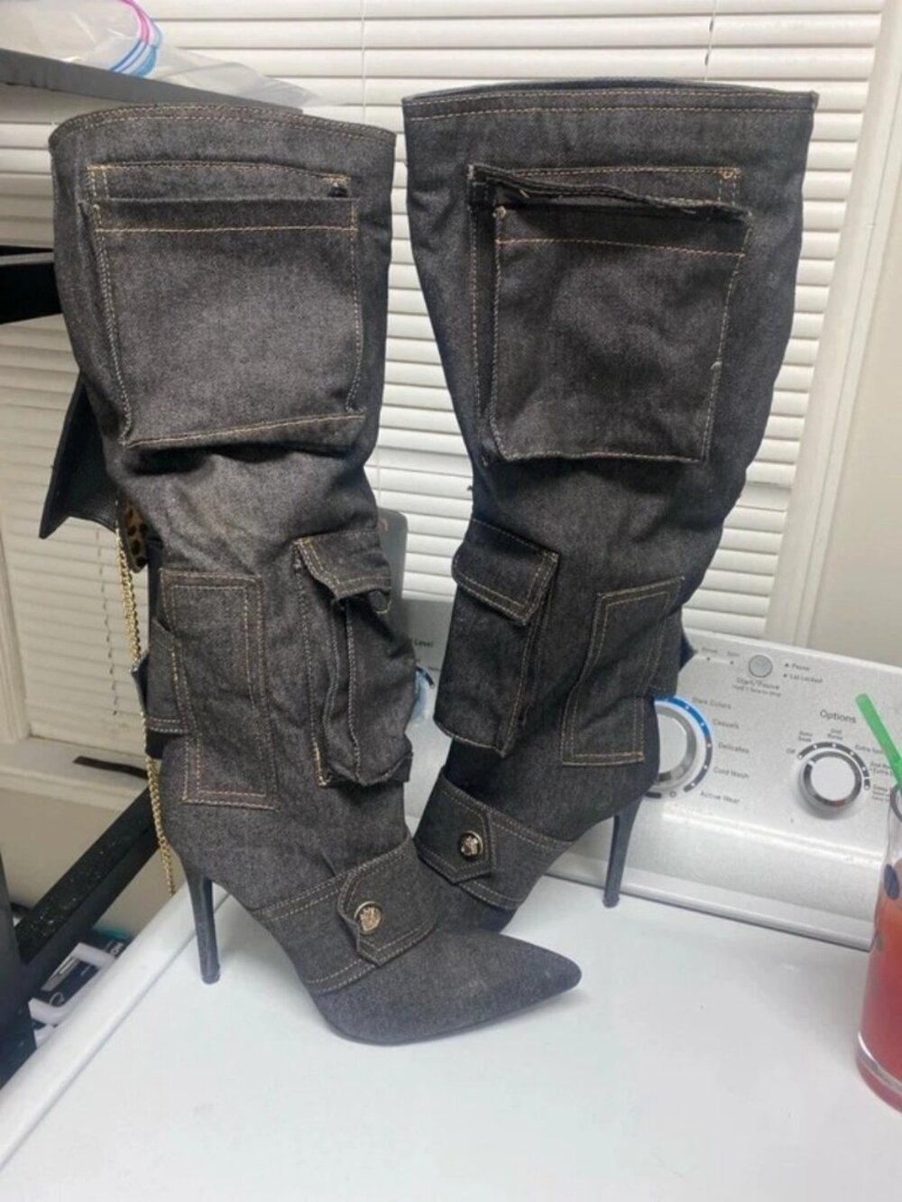 Black denim one high boots